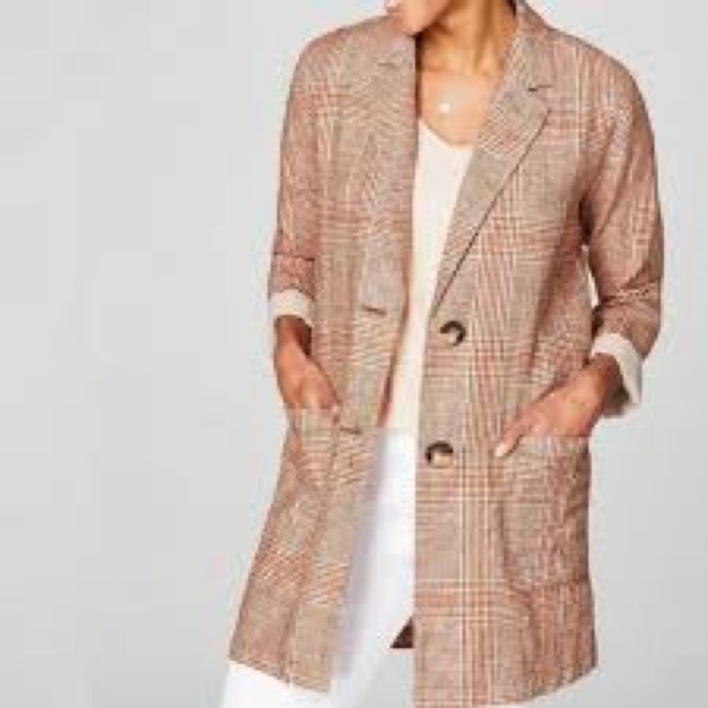 J. Jill Women's Linen Blend Hannah Relaxed Oversized Tan Plaid Blazer